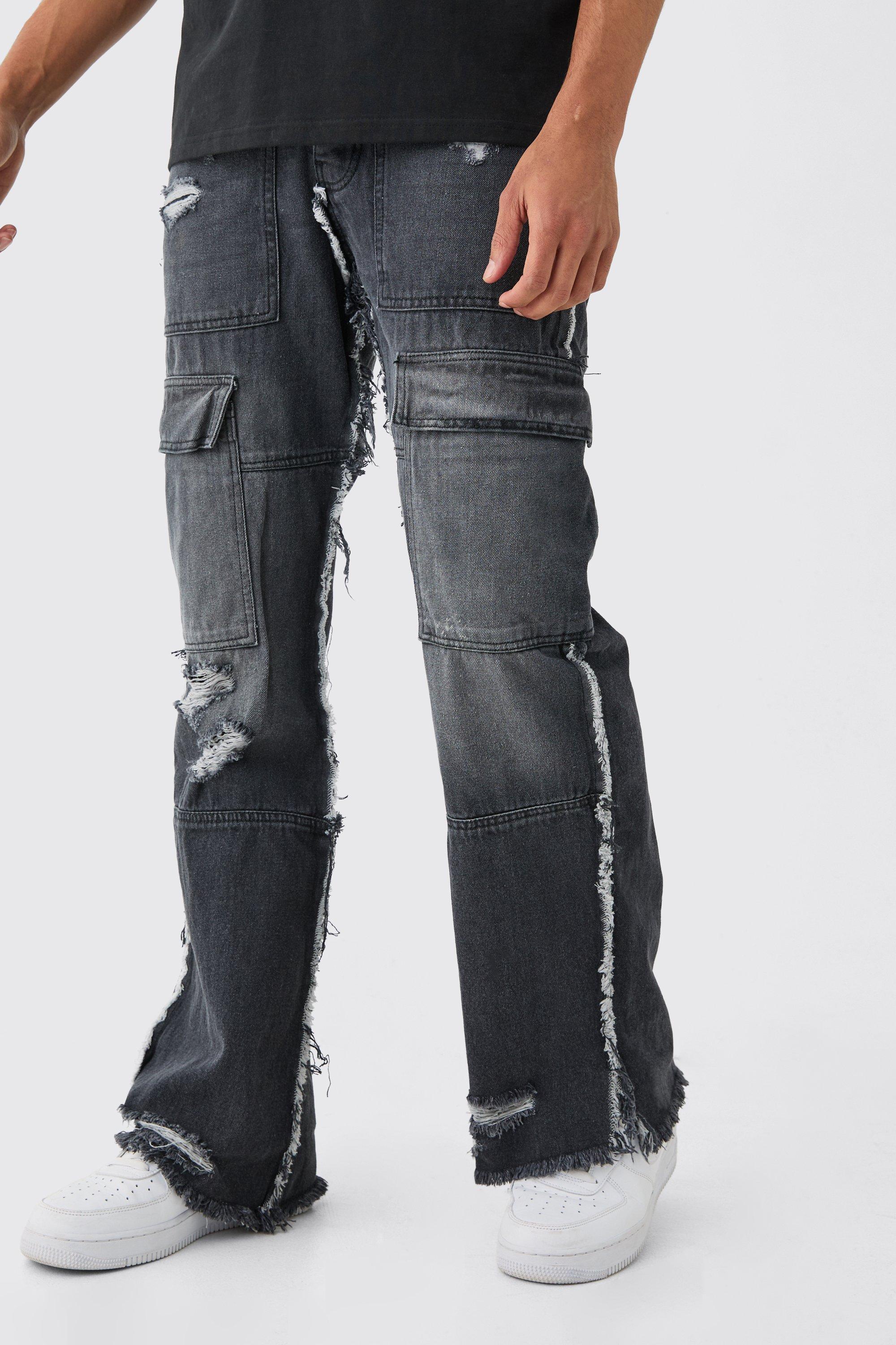 Mens Black Relaxed Rigid Flare Frayed Edge Cargo Jeans, Black